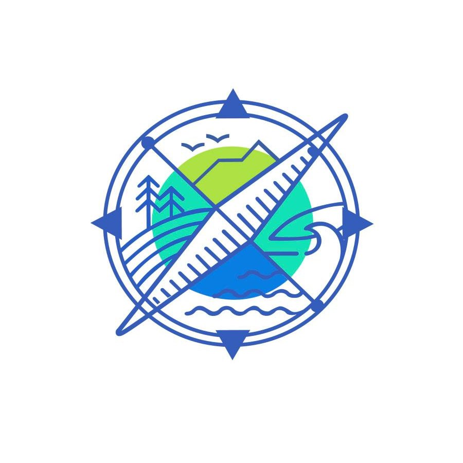 Gazgin logo: a compass over mountains, forest and sea